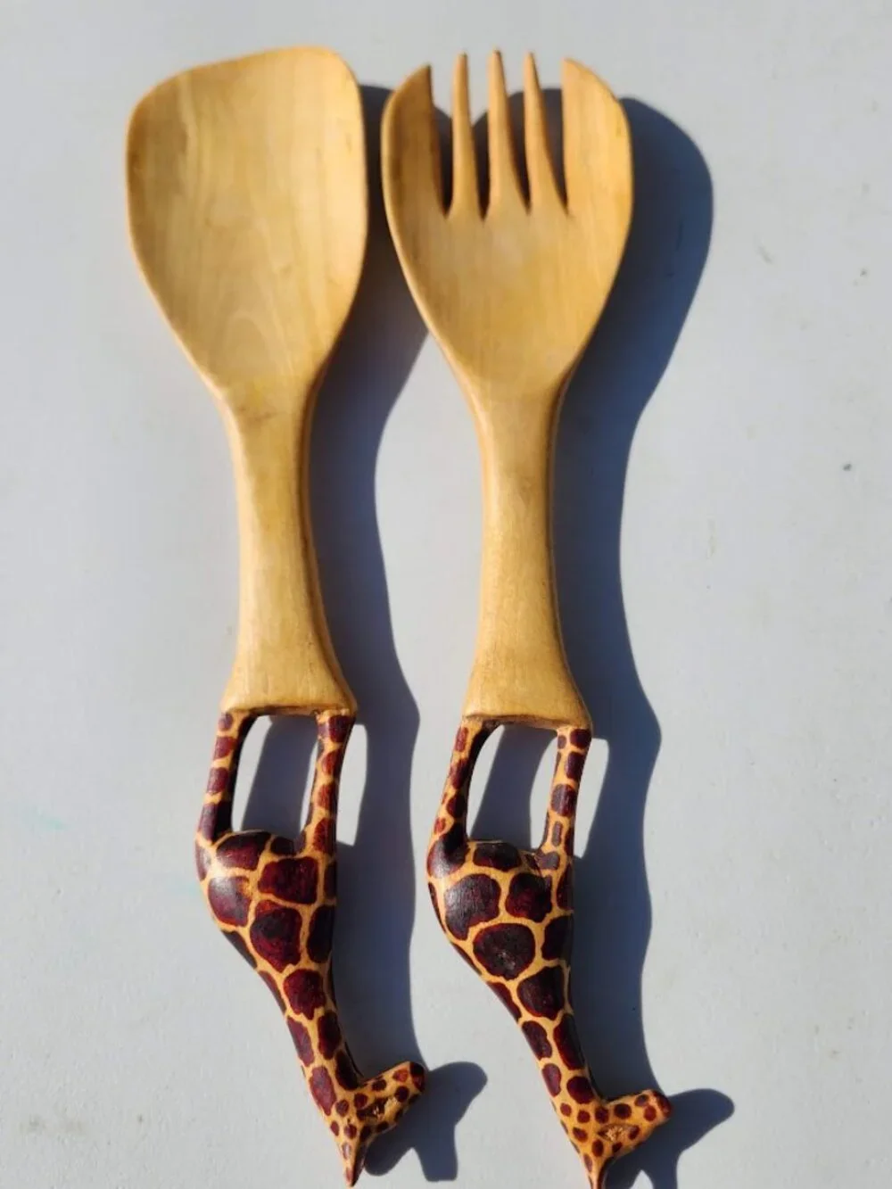 New Hand Carved Wood Giraffe Fork Spoon Serving Set Safari African Folk Art Home